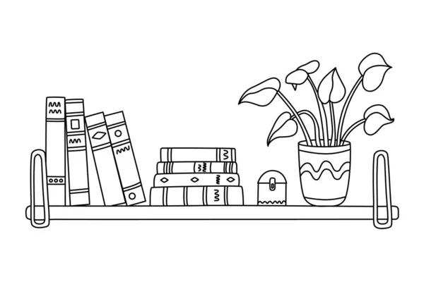 Boeken Kamerplanten Een Boekenplank Vector Doodle Met Hand Getekend Illustratie — Stockvector