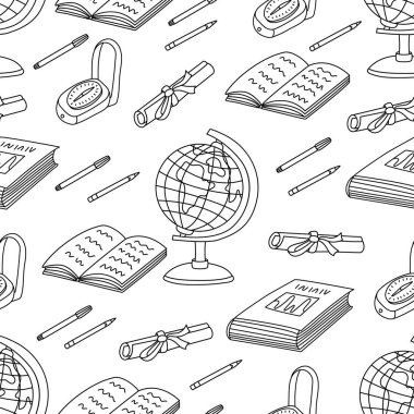 Bilimsel coğrafya kusursuz desen. Beyaz arkaplana vektör karalama el çizimi.