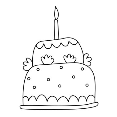 Birthday cake with burning candle Hand drawn doodle vector illustration. Great for coloring and greeting cards.	