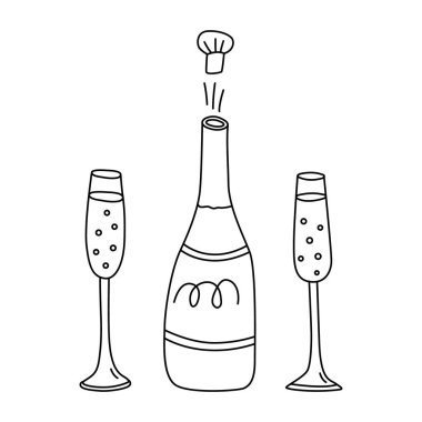 Bottle of champagne with glasses hand drawn doodle vector illustration black outline. Great for coloring and greeting cards.	