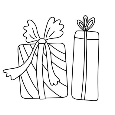 Gift boxes decorated with ribbon bows. hand drawn doodle vector illustration black outline. Great for coloring and greeting cards.	