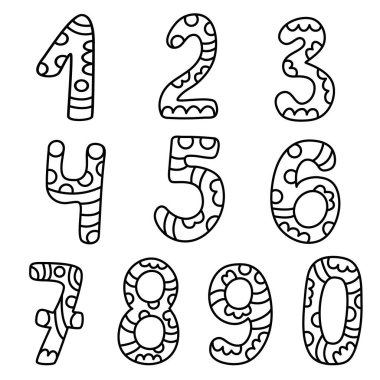Set of numbers hand drawn doodle vector illustration black outline. Great for coloring and greeting cards.	