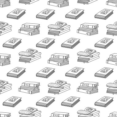 Kusursuz bir şablon ve bir yığın kitap. Beyaz arkaplan siyah ana hatları üzerine çizilmiş karalama çizimi.