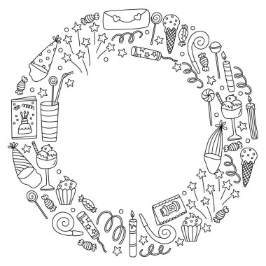Yuvarlak çerçeveli ve doğum günü partisi dekorasyonlu. El çizimi karalama çizimi siyah çizim. Doğum günü kartları ve posterleri için harika çizimler..