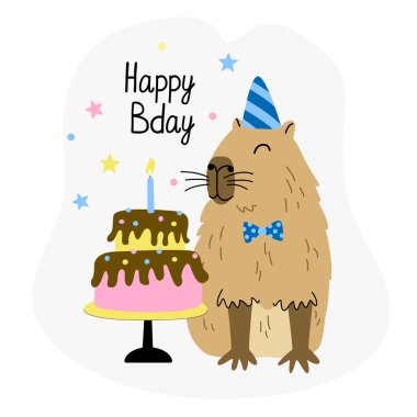 Greeting card with cute capybara and birthday cake. Hand drawn flat vector illustration and happy bday lettering. Funny animal.	