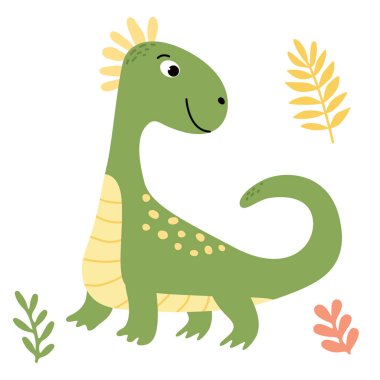 Düz vektör tarzında sevimli yeşil bir dinozorun büyüleyici bir çizimi. Arkadaş canlısı ve oyuncu tasarım çocuk kitapları, tişört, çocuk dekorasyonu, tebrik kartları, parti davetiyeleri için idealdir.