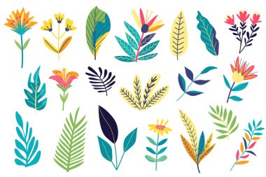 Renkli, egzotik çiçekler ve yapraklarla süslü çiçek seti. Düz bir şekilde vektör illüstrasyonu. Dekoratif folklor ögeleri.