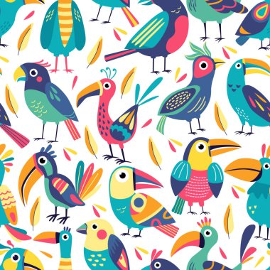 Beyaz üzerine komik, parlak, egzotik, tropik fantezi kuşları olan kusursuz bir desen. Kumaşlar için harika, özellikle çarşaflar için, ambalaj kağıtları, duvar kağıtları, örtüler için. Düz biçimli vektör illüstrasyonu