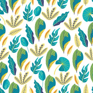 Çiçeksiz desenli, parlak tropik çiçekli ve beyaz yapraklı. Kumaşlar için harika, özellikle çarşaflar için, ambalaj kağıtları, duvar kağıtları, örtüler için. Düz biçimli vektör illüstrasyonu