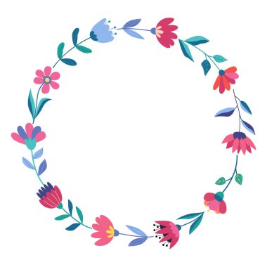 Yuvarlak çerçeve ya da fantezi çiçekli çelenk. Yaz çiçeği tasarımı. Tebrik kartı, posterler, blog dekorasyonu için harika. El çizimi vektör çizimi beyaza izole edildi.