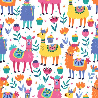 Rengarenk lamaları ve beyaz üzerine çiçekleri olan kusursuz bir desen. Kumaşlar, ambalaj kağıtları, duvar kağıtları, örtüler için harika. Düz biçimli vektör illüstrasyonu
