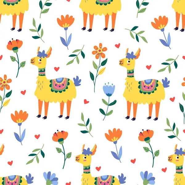 Rengarenk lamaları ve beyaz üzerine çiçekleri olan kusursuz bir desen. Kumaşlar, ambalaj kağıtları, duvar kağıtları, örtüler için harika. Düz biçimli vektör illüstrasyonu