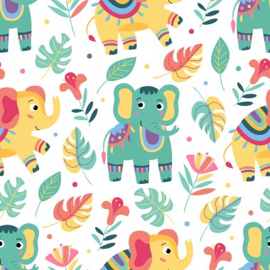 Komik renkli bebek filler ve beyaz üzerine çiçekler olan kusursuz bir desen. Kumaşlar, ambalaj kağıtları, duvar kağıtları, örtüler için harika. Elle çizilmiş düz biçimdeki vektör illüstrasyonu