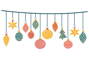 Noel süsleri ve desenlerle süslenmiş mücevherlerle süslü çelenkler. El çizimi düz vektör çizimi beyaza izole edildi. Noel ve yeni yıl için harika tebrik kartları, posterler.