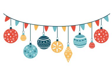 Noel süsleri ve desenlerle süslenmiş mücevherlerle süslü çelenkler. El çizimi düz vektör çizimi beyaza izole edildi. Noel ve yeni yıl için harika tebrik kartları, posterler.