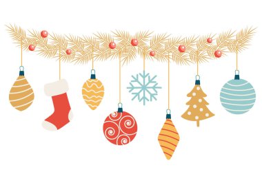 Noel süsleri ve desenlerle süslenmiş mücevherlerle süslü çelenkler. El çizimi düz vektör çizimi beyaza izole edildi. Noel ve yeni yıl için harika tebrik kartları, posterler.