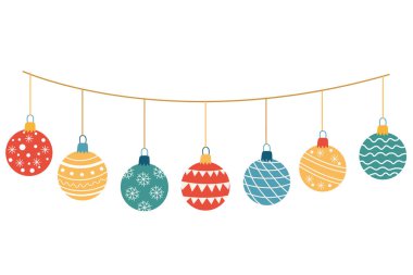 Noel süsleriyle süslenmiş çelenkler ya da desenlerle süslenmiş mücevherler. El çizimi düz vektör çizimi beyaza izole edildi. Noel ve yeni yıl için harika tebrik kartları, posterler.