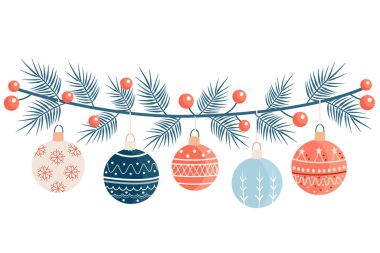 Noel süsleriyle süslenmiş çelenkler ya da desenlerle süslenmiş mücevherler. El çizimi düz vektör çizimi beyaza izole edildi. Noel ve yeni yıl için harika tebrik kartları, posterler.