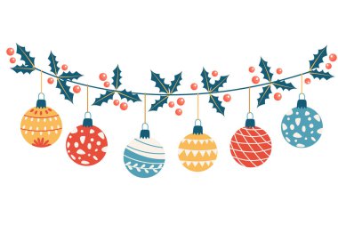 Noel süsleriyle süslenmiş çelenkler ya da desenlerle süslenmiş mücevherler. El çizimi düz vektör çizimi beyaza izole edildi. Noel ve yeni yıl için harika tebrik kartları, posterler.