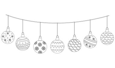 Noel süsleriyle süslenmiş çelenkler ya da desenlerle süslenmiş mücevherler. Beyaz üzerine izole edilmiş vektör çizimi. Siyah özet. Renklendirme için harika, Xmas ve yeni yıl tebrik kartları
