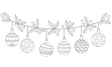 Noel süsleriyle süslenmiş çelenkler ya da desenlerle süslenmiş mücevherler. Vektör çizim çizimi beyaza izole edildi. Siyah özet. Renklendirme için harika, Xmas ve yeni yıl tebrik kartları