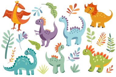 Düz bir şekilde küçük şirin dinozorların vektör çizimi. Arkadaş canlısı ve oyuncu tasarım çocuk kitapları, tişört, çocuk dekorasyonu, tebrik kartları, parti davetiyeleri için idealdir.