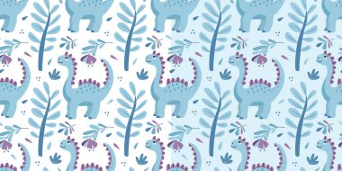 Komik mavi dinozorlar ve tropikal bitkilerle kusursuz desenler. Kumaşlar, ambalaj kağıtları, duvar kağıtları, örtüler için harika. Elle çizilmiş düz biçimdeki vektör illüstrasyonu