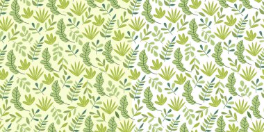 Yeşil tropikal yapraklı çiçeksiz desenler. Kumaşlar için harika, özellikle ketenler için, ambalaj kağıtları, duvar kağıtları, örtüler için. Düz biçimli vektör illüstrasyonu