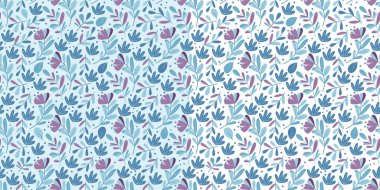 Beyaz ve mavi üzerinde mavi ve mor tropikal yapraklar olan bir desen. Kumaşlar için harika, özellikle ketenler için, ambalaj kağıtları, duvar kağıtları, kapaklar için. Düz biçim vektör illüstrasyonu