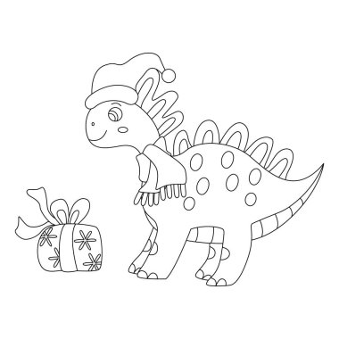 Şirin küçük dinozor ve hediye kutusu. Vektör el karalama Noel çizimi, izole edilmiş siyah çizgiler. Boyama ve Xmas kartları için harika.
