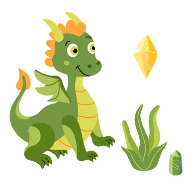 Vector illustration of a nice smiling  baby green dragon and gem crystal in a flat vector style. Friendly design is ideal for children's books, t-shirt, nursery decor, greeting cards clipart