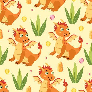 Komik yavru ejderhalarla, yeşil bitkilerle ve kristal değerli taşlarla renksiz desenler. Kumaşlar, ambalaj kağıtları, duvar kağıtları, kapaklar için düz çizim ideal. 