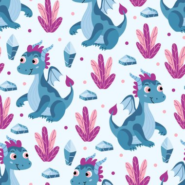 Seamless pattern with  funny blue baby dragons and crystal gemstone. Vector hand drawn flat illustration ideal for fabrics, wrapping papers, wallpapers, covers.  clipart