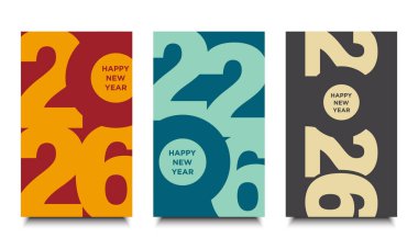 2026 'nın yeni yıl arkaplan tasarımı seti. Kutlama ve sezon dekorasyonu için vektör 2026, markalaşma, poster, afiş, kapak, kart ve sosyal medya.