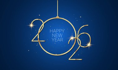 2026 Mutlu Yeni Yıl Arkaplan Tasarımı Mavi Arkaplanda Altın Metinli. Tebrik kartı, Banner, Poster. Vektör İllüstrasyonu.
