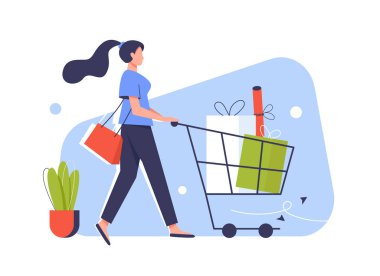 Genç bir kadın alışveriş arabalarını market alışverişleriyle dolduruyor. Düz biçim vektör çizimi beyaz arkaplanda izole edildi