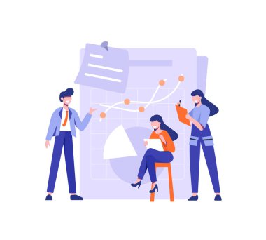 Veri analiz konsepti. İnsanlar grafikler üzerinde veri ile çalışırlar. Takım çalışması. Denetleme, finansal danışmanlık. Düz modern vektör çizimi. Düzenlenebilir vuruş