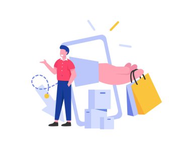 Paketleri olan adam, modaya uygun. Çizgi film tarzında vektör illüstrasyonuName