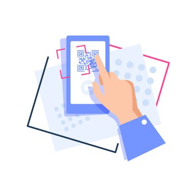 QR kod tarama işlemi, ekranda kod ve metin, Akıllı telefon tutan el