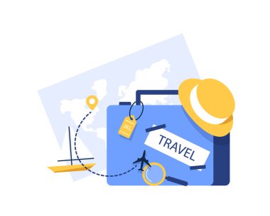 Back to travel concept,Travel concept with bag and sunglasses, hat, map