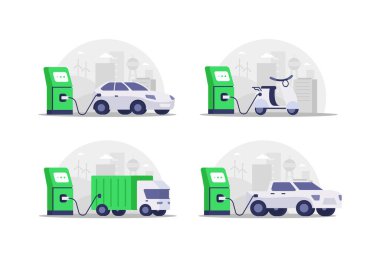 Elektrikli Araç Şarj İstasyonu 'nda şarj ediliyor. Modern Hybrid Oto. Yeni Alternatif Enerji Aracı. Fütüristik Ulaşım, Yeşil Enerji, Eko Şehir Kavramı