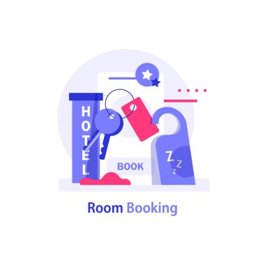 Rezervasyon lu akıllı telefon ve otel binası ile otel rezervasyonu yapın. Düz tarzda vektör çizimi