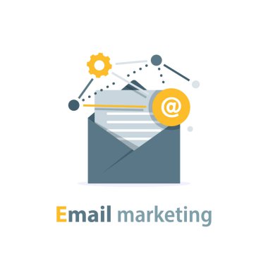 E- posta ve mesajlaşma, e-posta pazarlama kampanyası, düz tasarım vektör illüstrasyonu