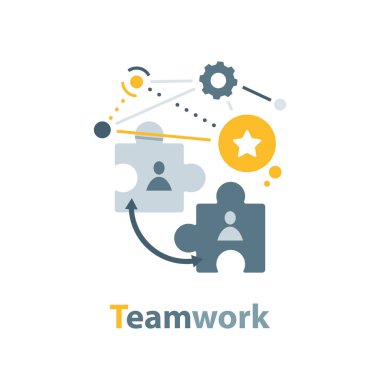 Takım çalışması konsepti, bir yapbozun parçaları birbirine doğru, düz tasarım ikon vektör illüstrasyonu