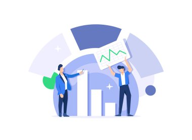 Borsa, finans, tablolar ve şemalar ve diğer verilere yatırım yapan karakterler. Borsa konsepti, finansal analiz yapan insanlar.