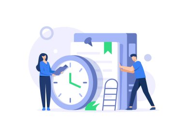 İnsanlar büyük saat ve kitapların yanında okuyorlar, ders çalışma zamanı, iyi kitaptan zevk alma, öğrenme, eğitim, öğrenme. Bilgi işareti, mühlet, hatırlatma, alarm saati, program