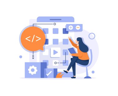 Mobil uygulama geliştirme süreci düz vektör illüstrasyonu. Yazılım API prototip ve test geçmişi. Akıllı telefon arayüzü oluşturma işlemi