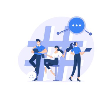 Sosyal medya konsepti, etiket - insanların dizüstü bilgisayar ve tablet kullandığı büyük bir sembol. Müşteri gönderen ve paylaşan gençler. İniş sayfası şablonu