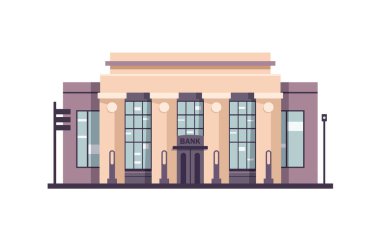 Arkaplanı şehir siluetleri olan banka binası caddesi, düz tasarım ikon vektör illüstrasyonu