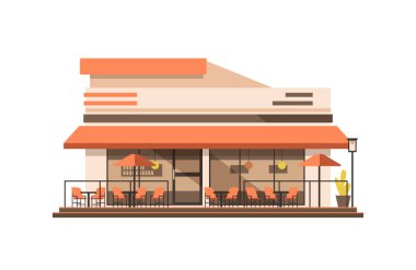 Açık hava terası ve masa sandalye ile yaz kafeterya salonu. Sokak restoran düz tasarım cephe bina. Şehir Oluşturucu öğesi